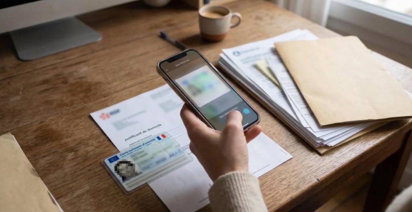 Des mains numérisent des justificatifs avec un smartphone au-dessus d'une table en bois.