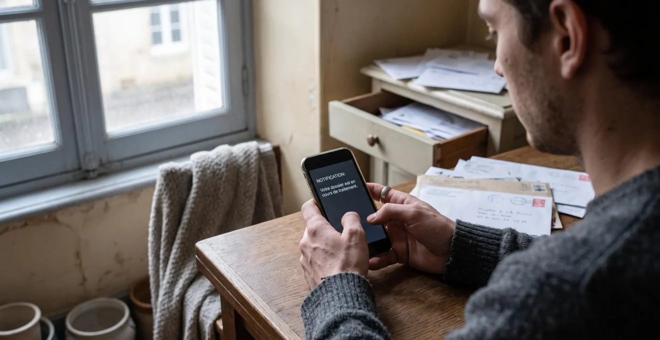 Un homme consulte son téléphone en attendant une confirmation administrative, des papiers posés à côté.